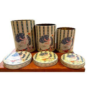 Retro Round Cookie Tin Canisters Geese Goose Ducks pink ribbon blue stripes